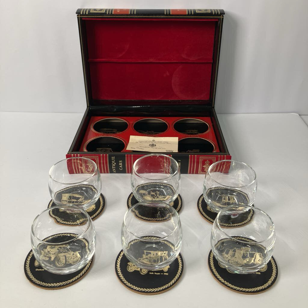 1970s Swank Glassware Set in Antique Cars Book Box
