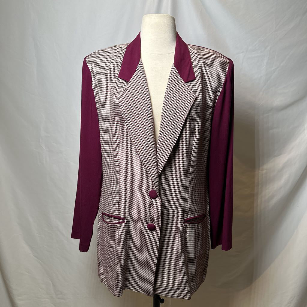 1990s Cranberry Houndstooth Oversized Blazer