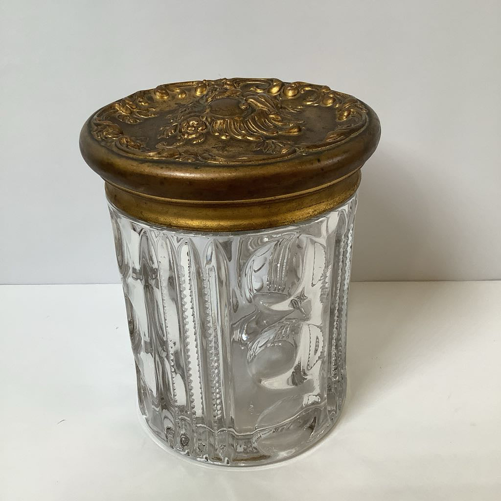 Early 1990s EAPG Glass Tobacco Jar Humidor Bullseye Zipper Cherub Metal Lid