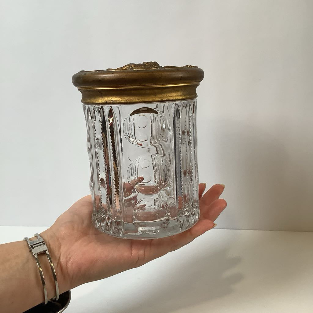 Early 1990s EAPG Glass Tobacco Jar Humidor Bullseye Zipper Cherub Metal Lid