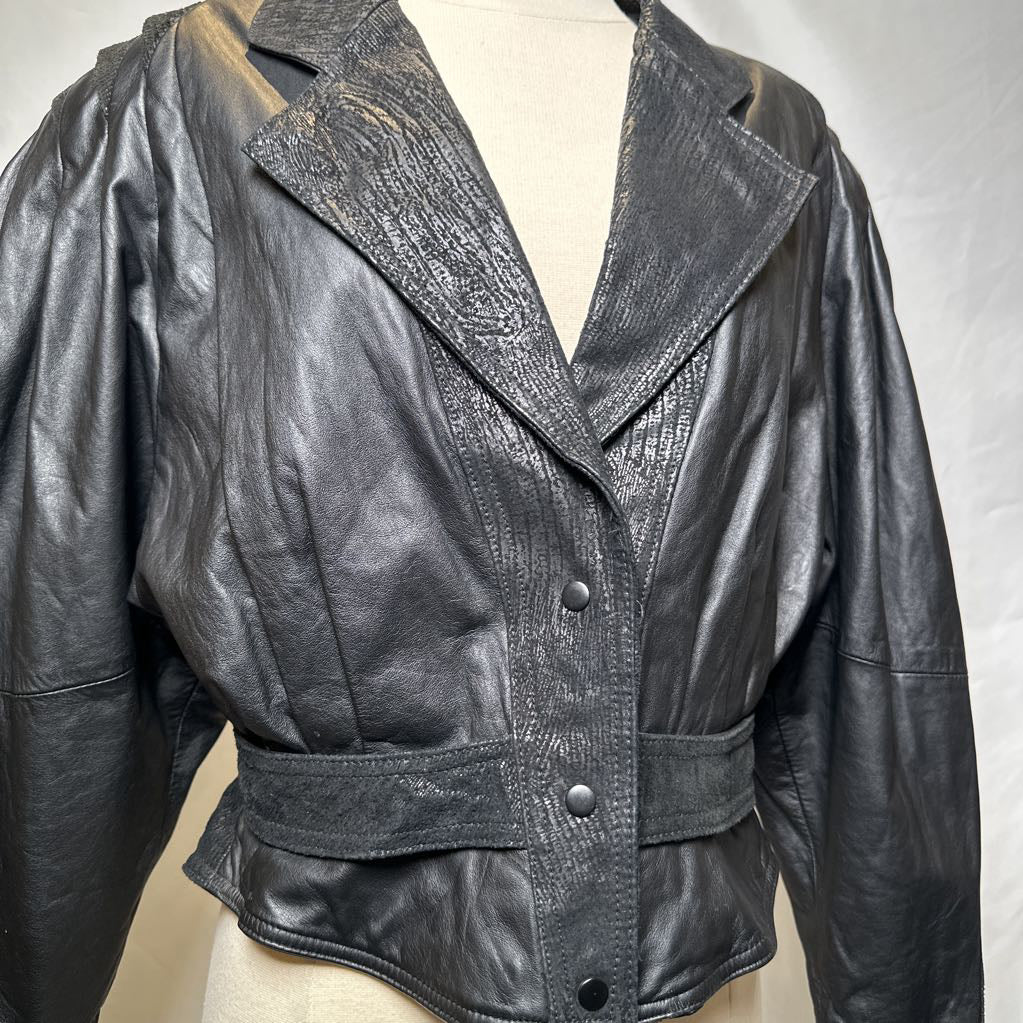 Retro Leather 1980s Embossed Suede Batwing Crop Jacket