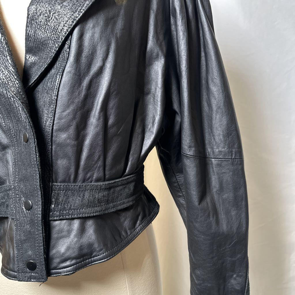 Retro Leather 1980s Embossed Suede Batwing Crop Jacket