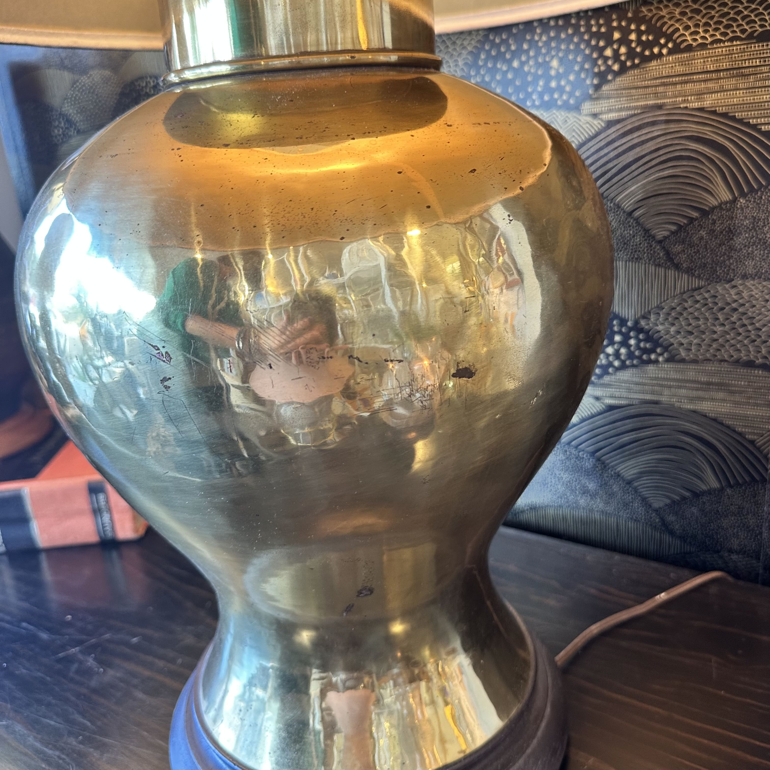 Mid Century Brass Asian Urn Table Lamp w/ Black Shade