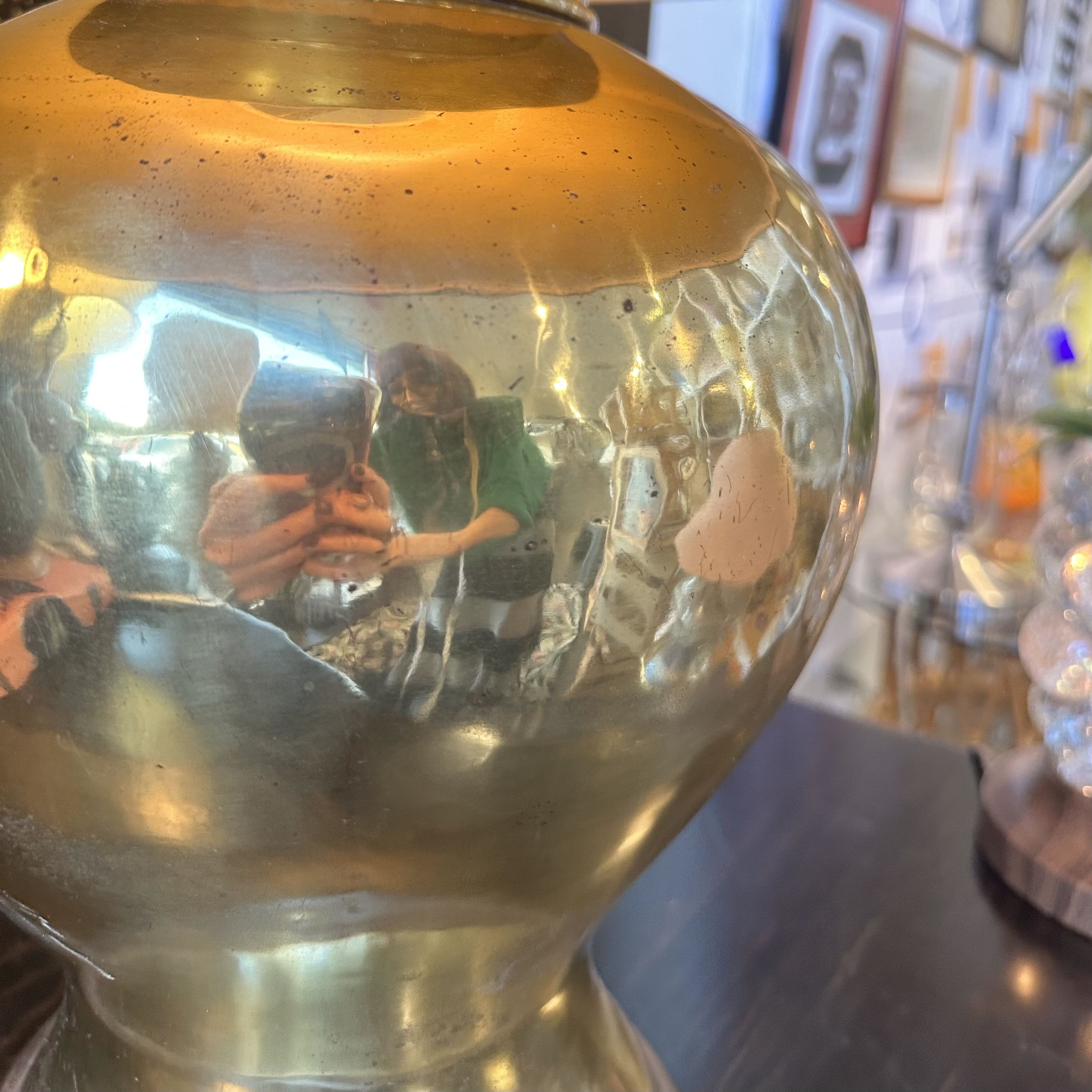 Mid Century Brass Asian Urn Table Lamp w/ Black Shade