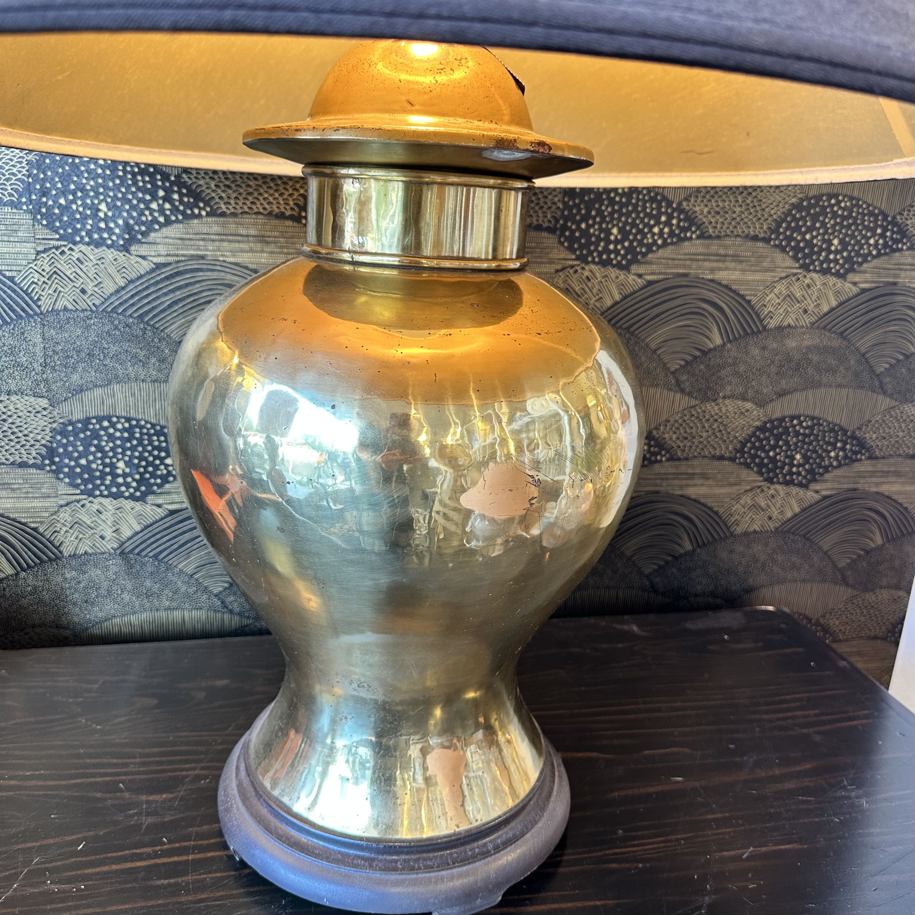 Mid Century Brass Asian Urn Table Lamp w/ Black Shade