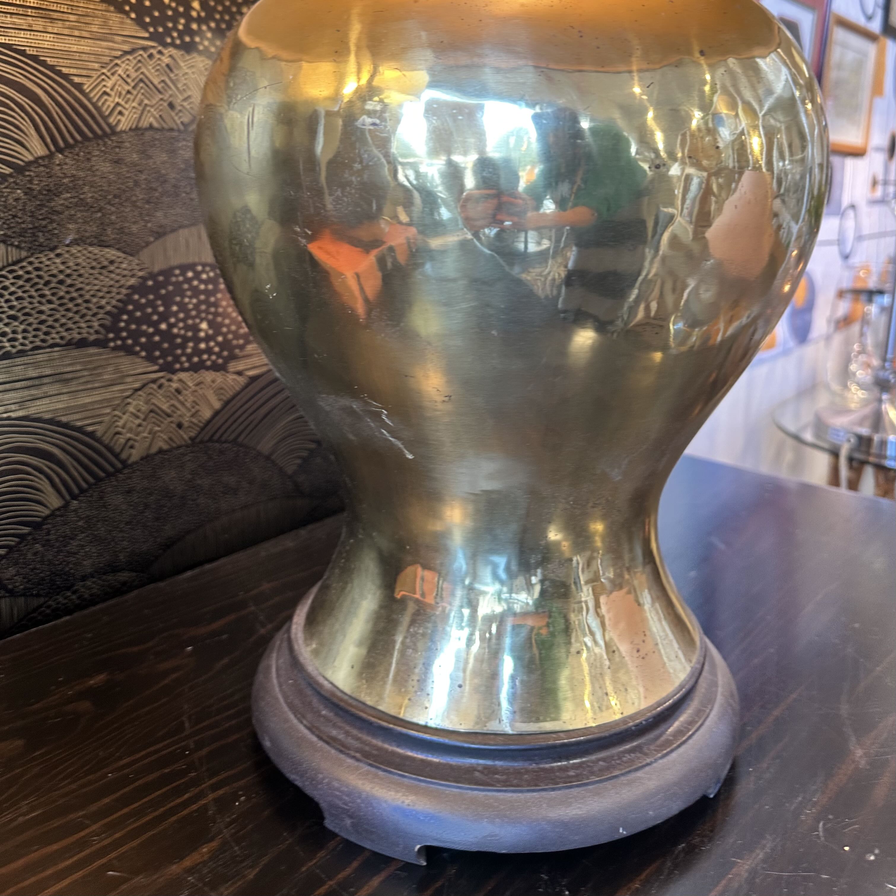Mid Century Brass Asian Urn Table Lamp w/ Black Shade