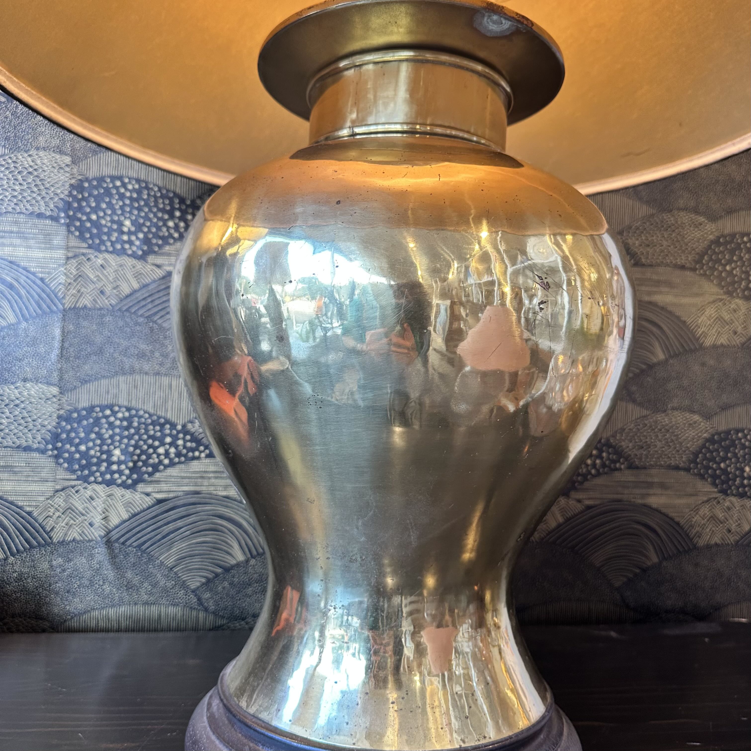 Mid Century Brass Asian Urn Table Lamp w/ Black Shade