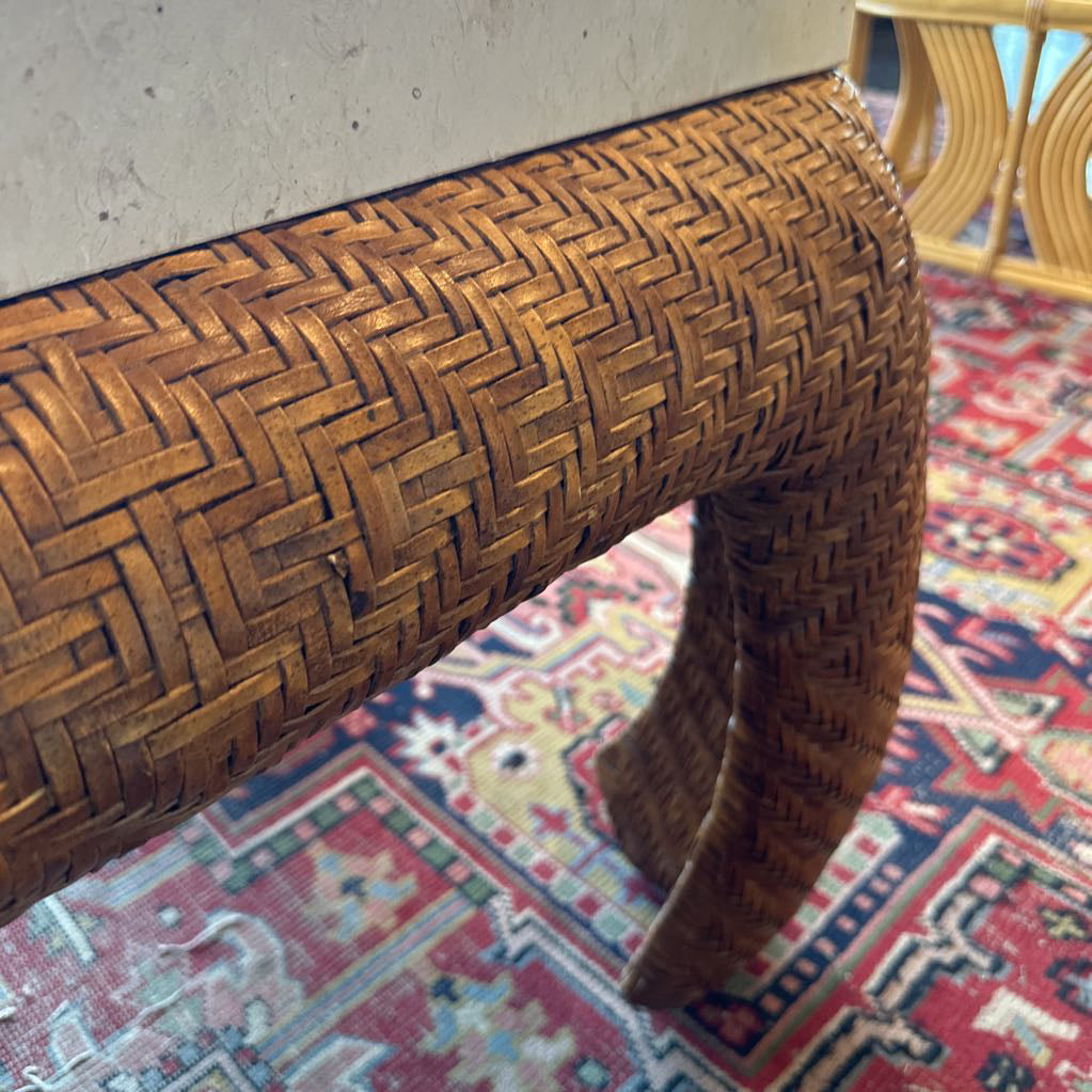 Vintage Alexvale Travertine Top & Woven Leather Base Side Table