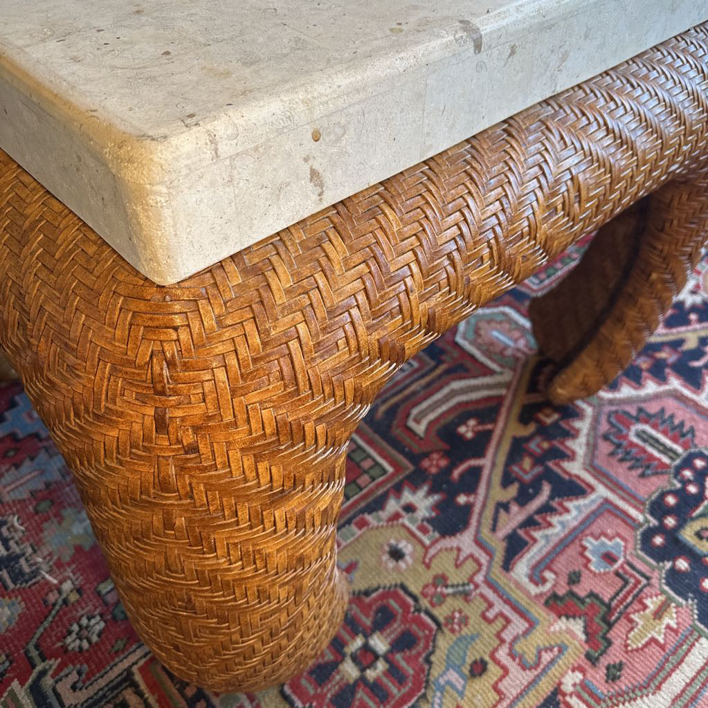 Vintage Alexvale Travertine Top & Woven Leather Base Side Table