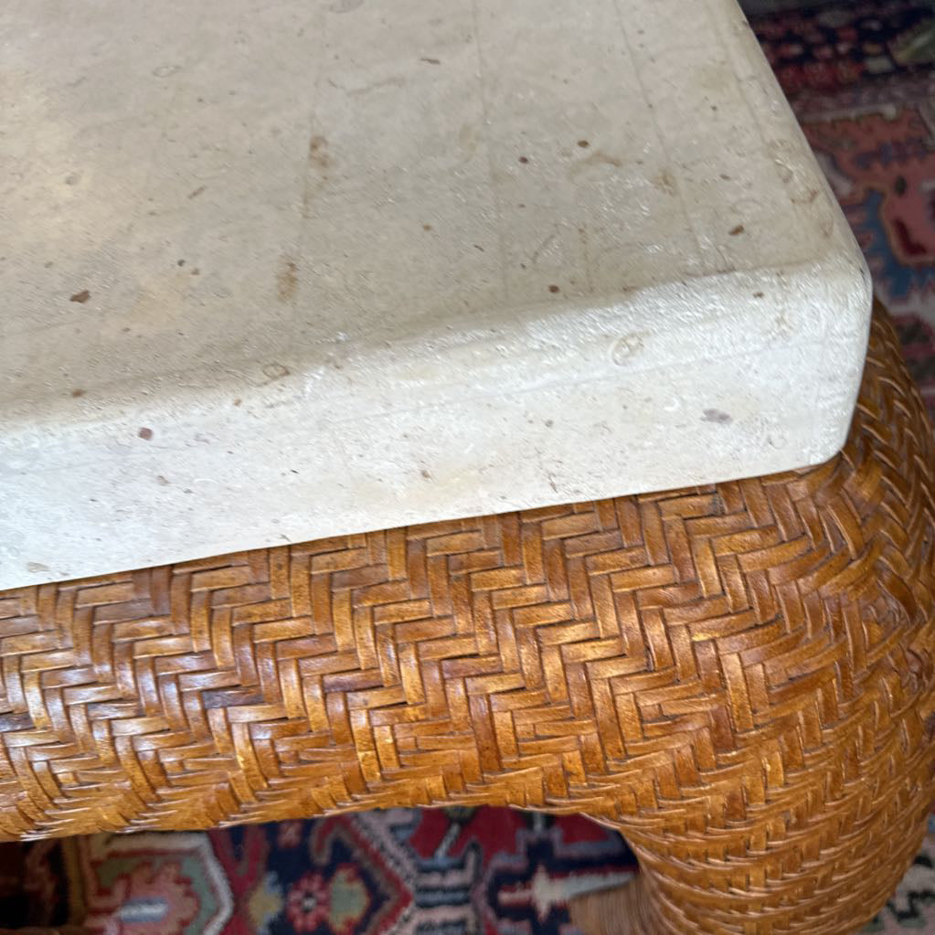 Vintage Alexvale Travertine Top & Woven Leather Base Side Table