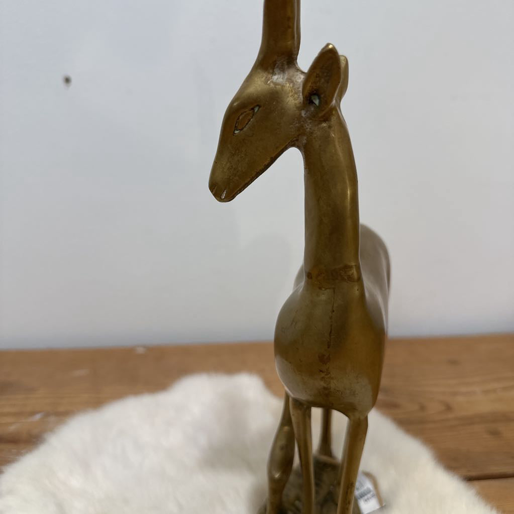Bronze giraffe figurine on a white surface with a neutral background