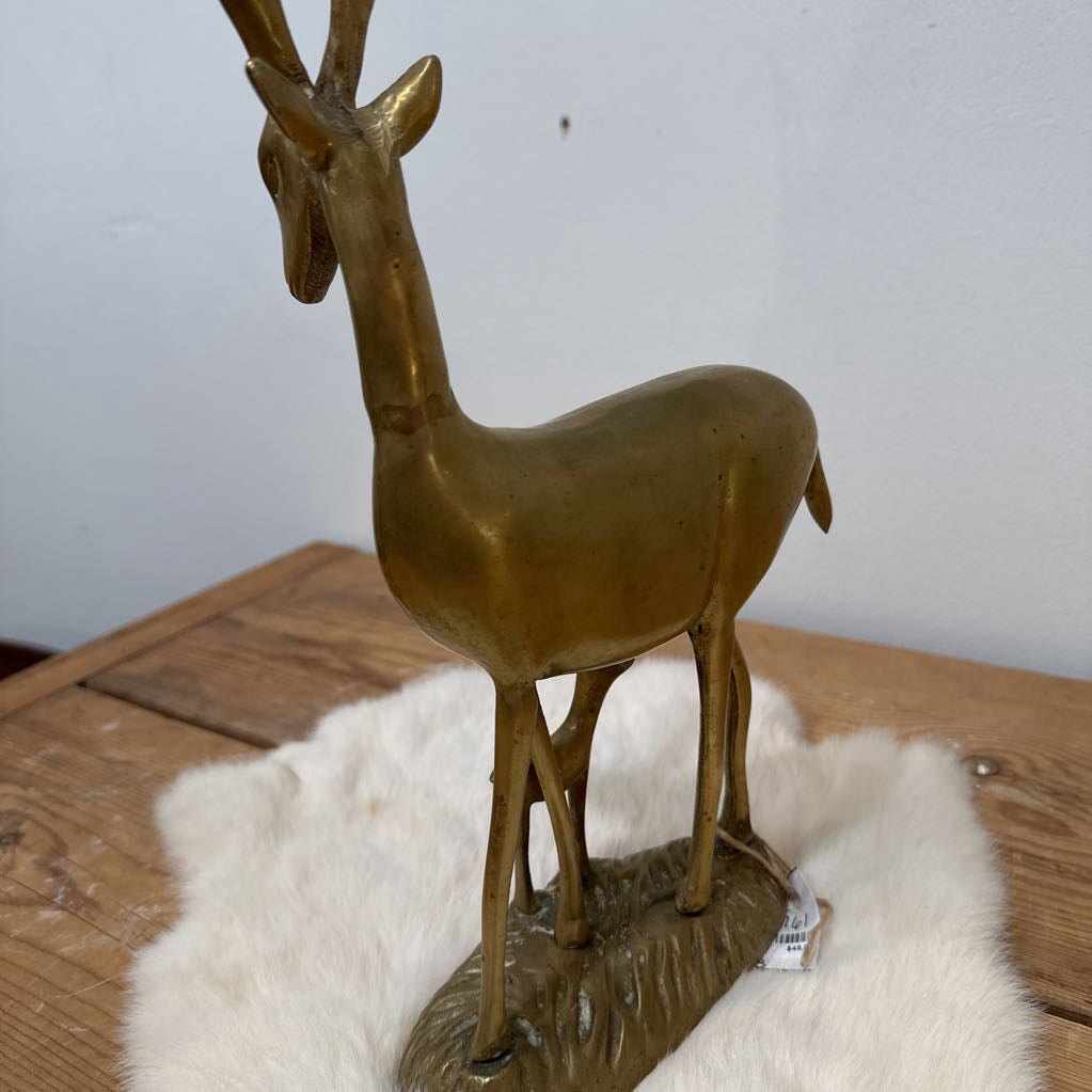 Bronze deer figurine on a wooden surface with a white background