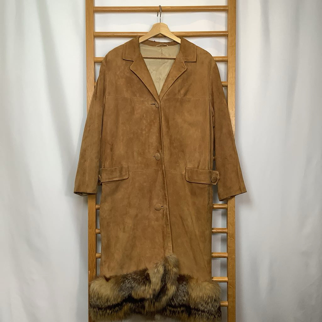 Brown suede coat with fur trim on a wooden hanger against a white background
