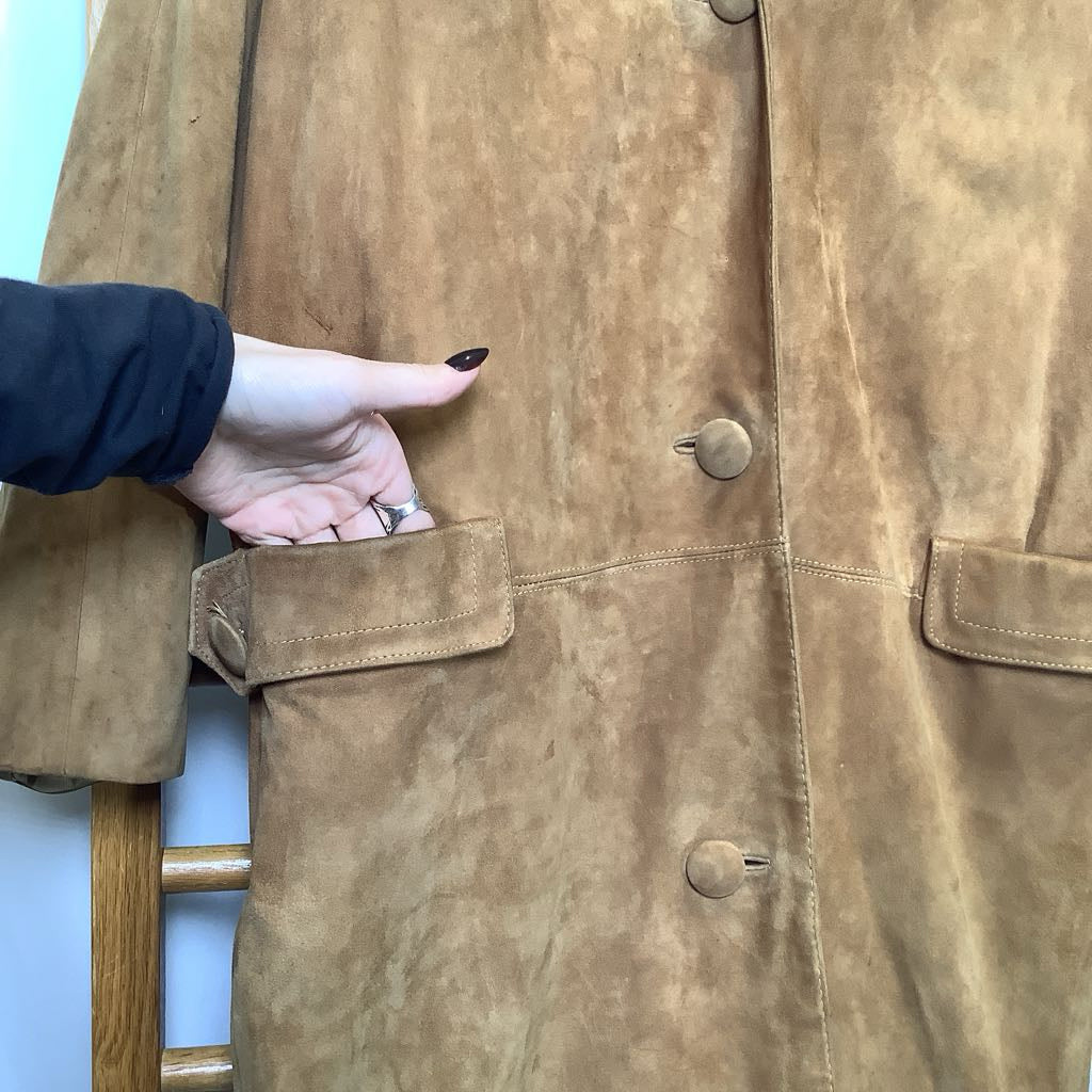 Close-up of a brown suede jacket with a hand opening a pocket.