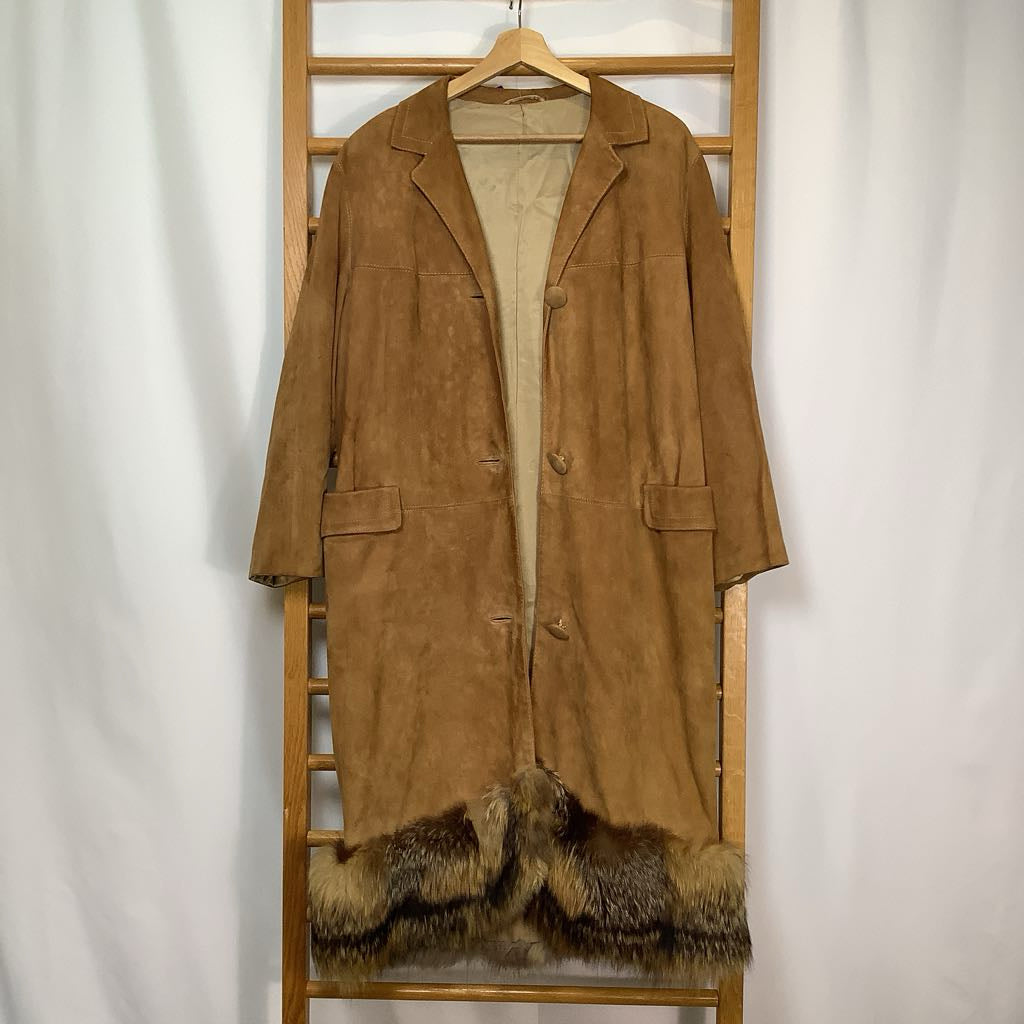 Brown suede coat with fur trim on a wooden hanger against a white background