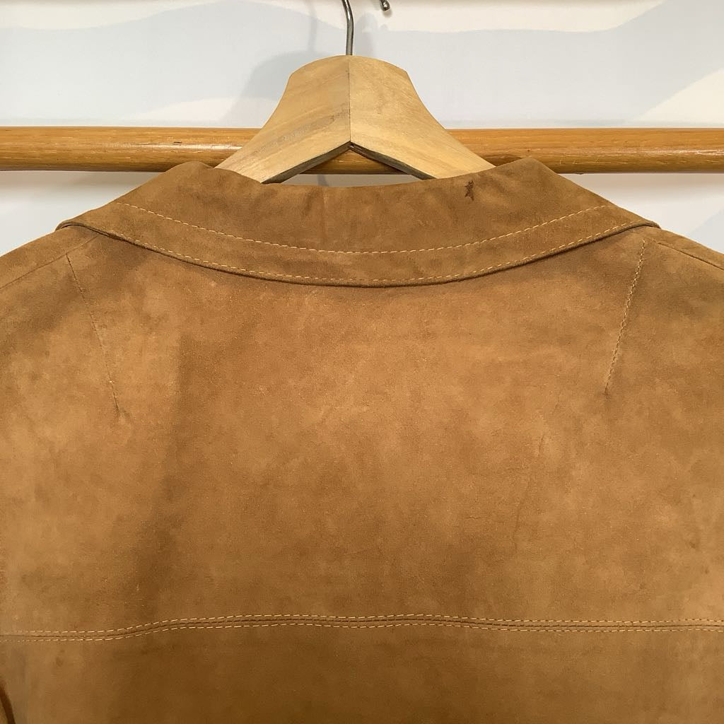 Brown leather jacket on a hanger against a white background