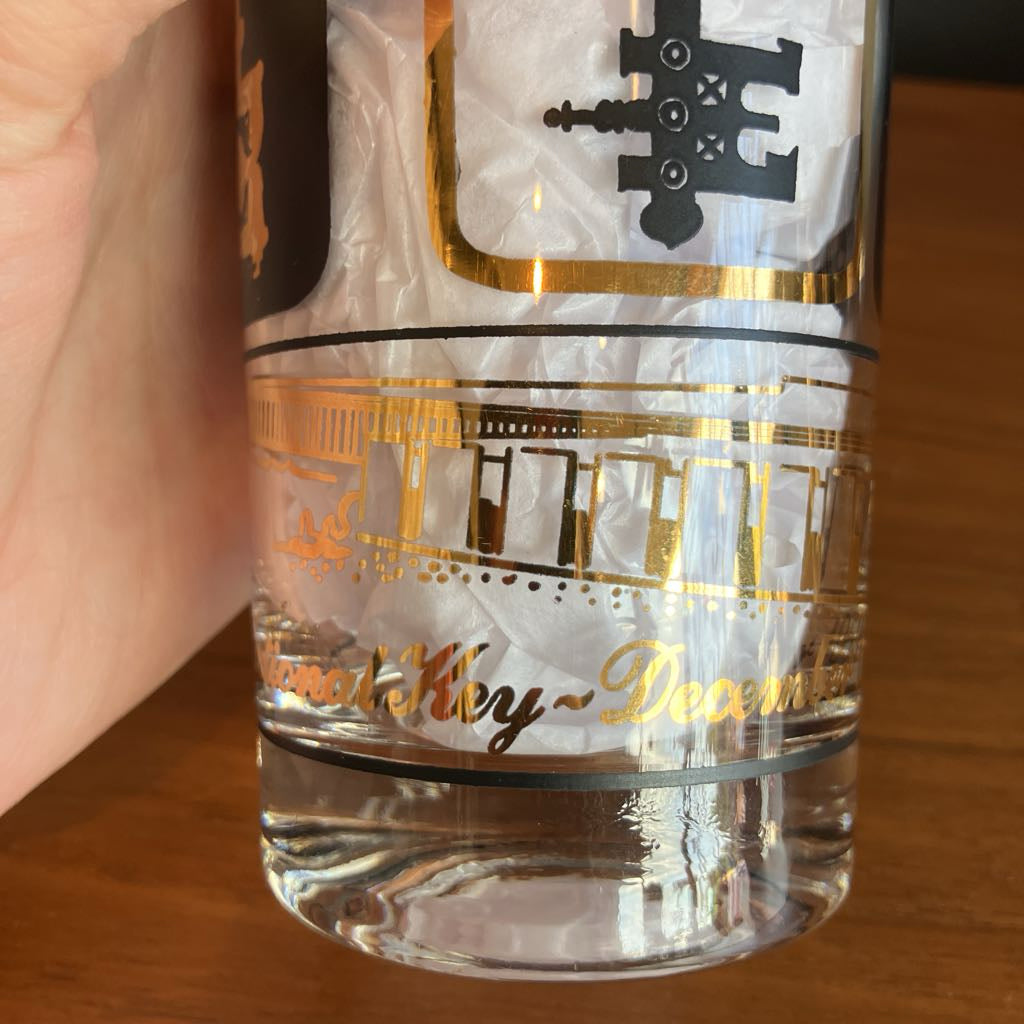 Rare Mid-Century Set of 6 Black and Gold Key Glasses