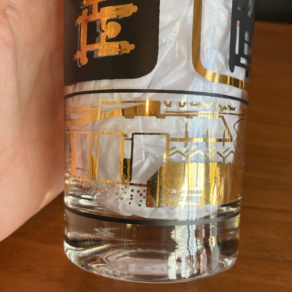 Rare Mid-Century Set of 6 Black and Gold Key Glasses