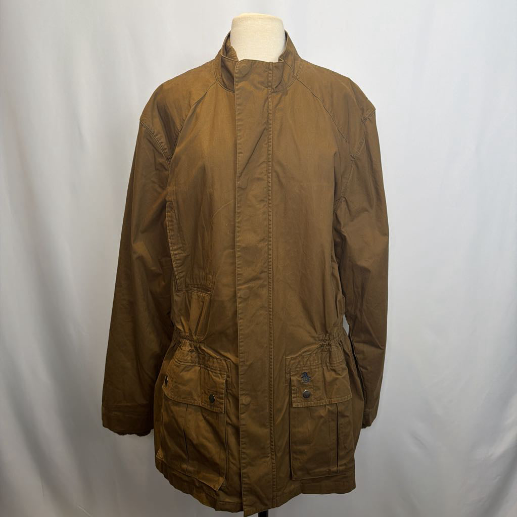 Brown jacket on a mannequin against a white background