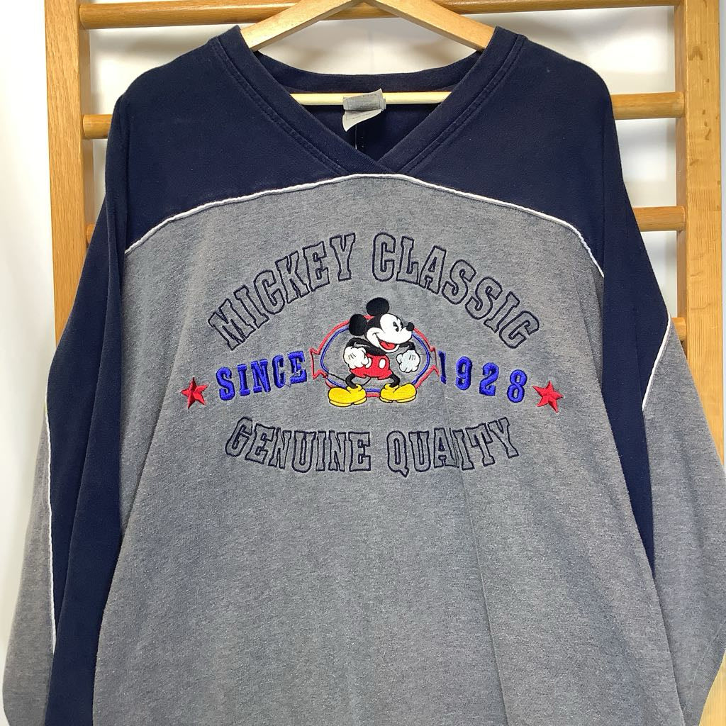 Blue, gray long sleeve shirt Mickey Classic Since 1928 Genuine Quality embroidered on front