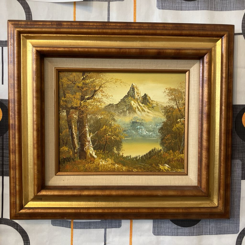 Framed landscape painting with a mountain scene on a patterned background