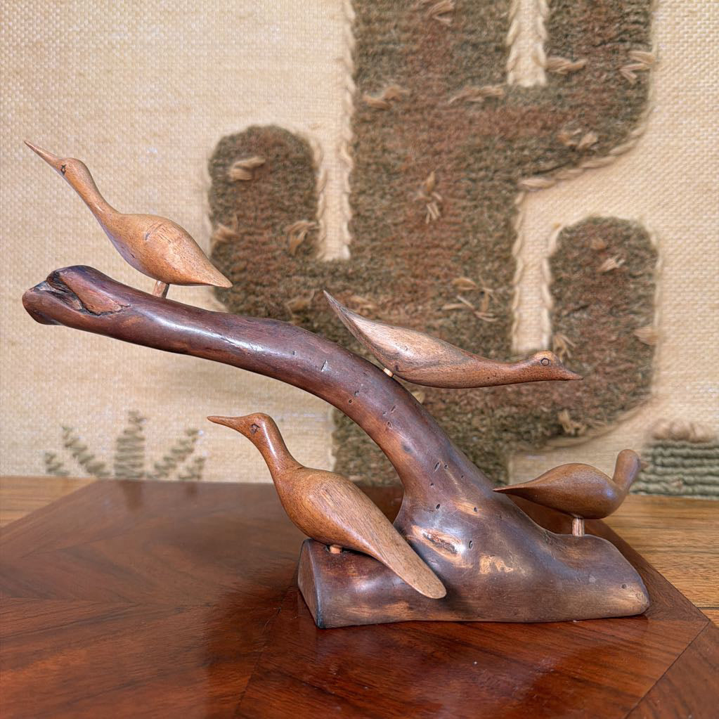 Carved Wood Birds on Limb