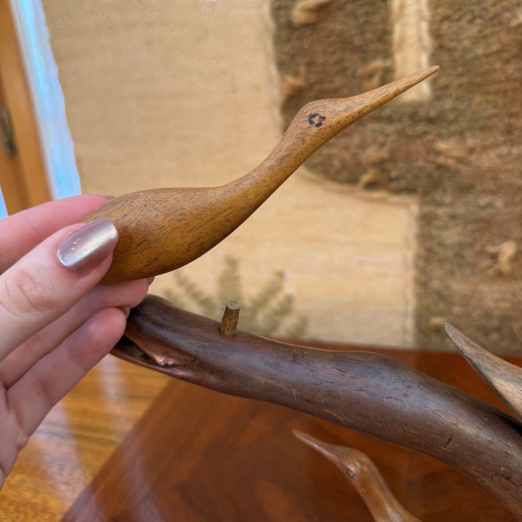 Carved Wood Birds on Limb