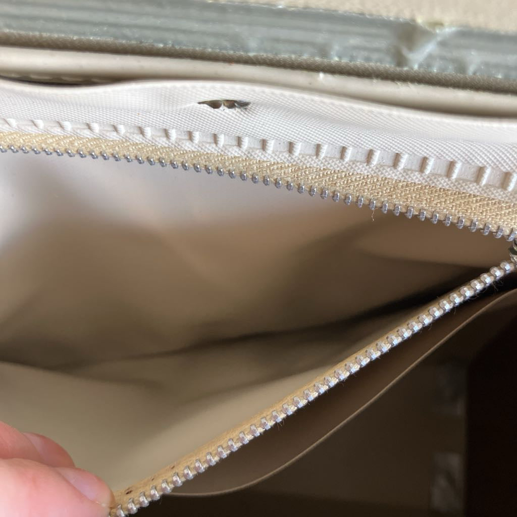 Close-up of a beige clutch bag with a zipper, held by a hand.