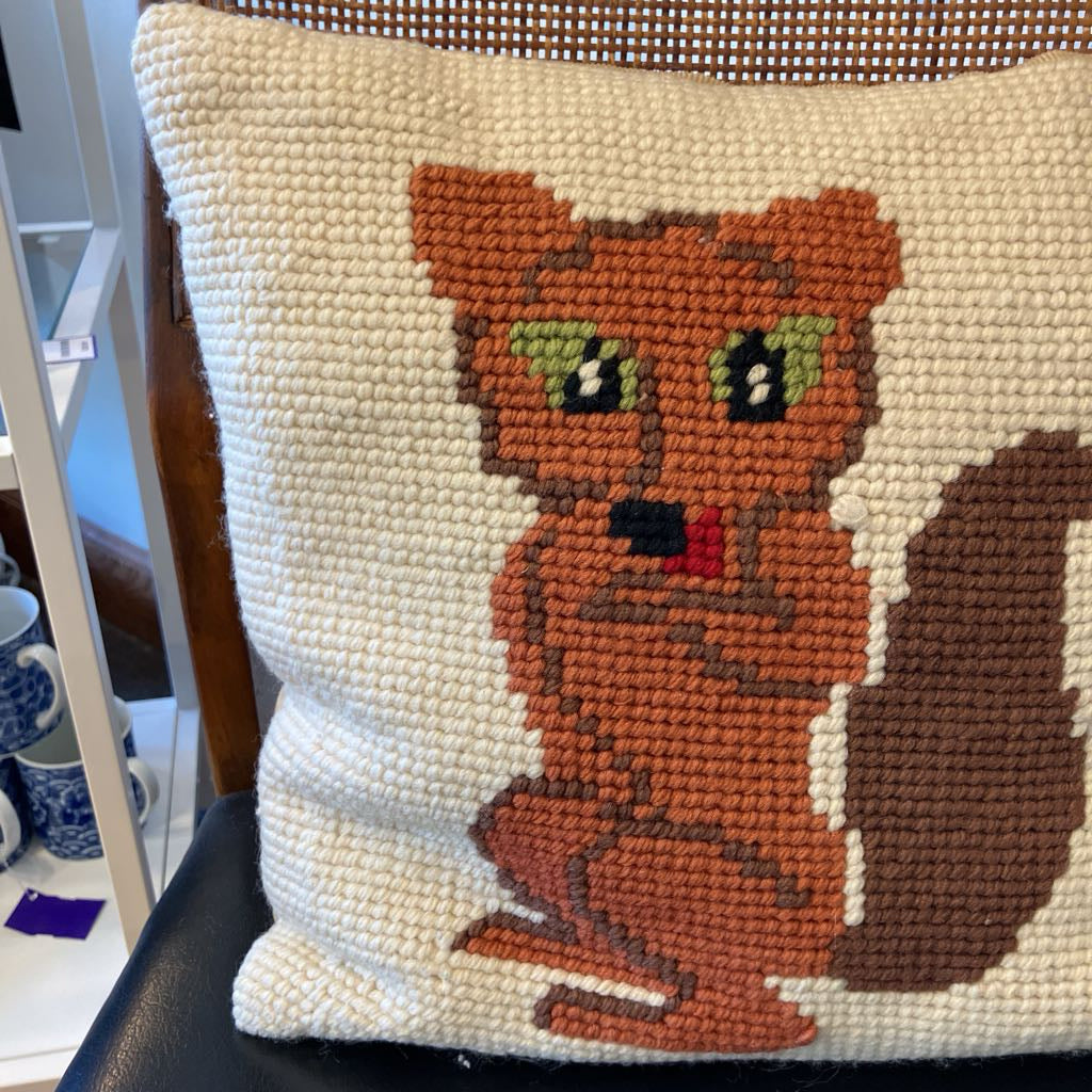 Vintage Fox Squirrel Needlepoint Pillow
