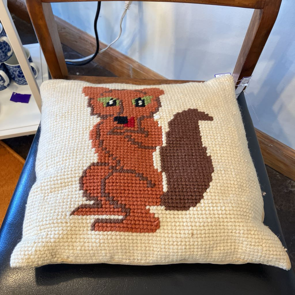 Vintage Fox Squirrel Needlepoint Pillow
