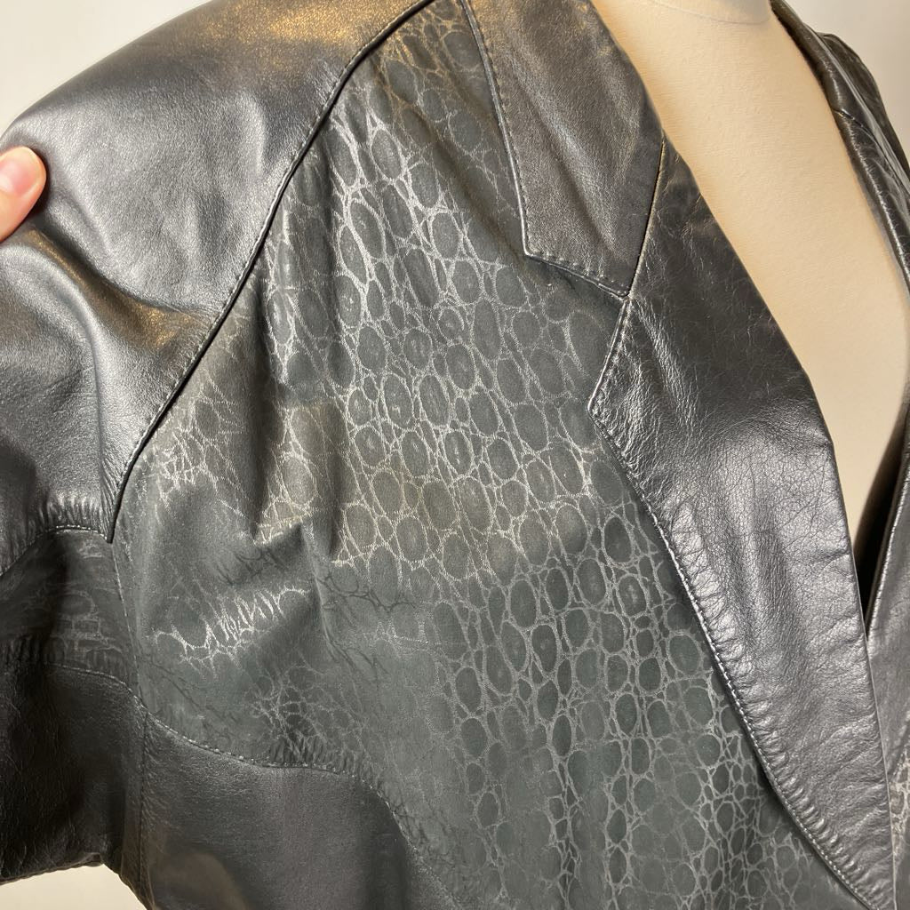 Close-up of a textured black leather jacket