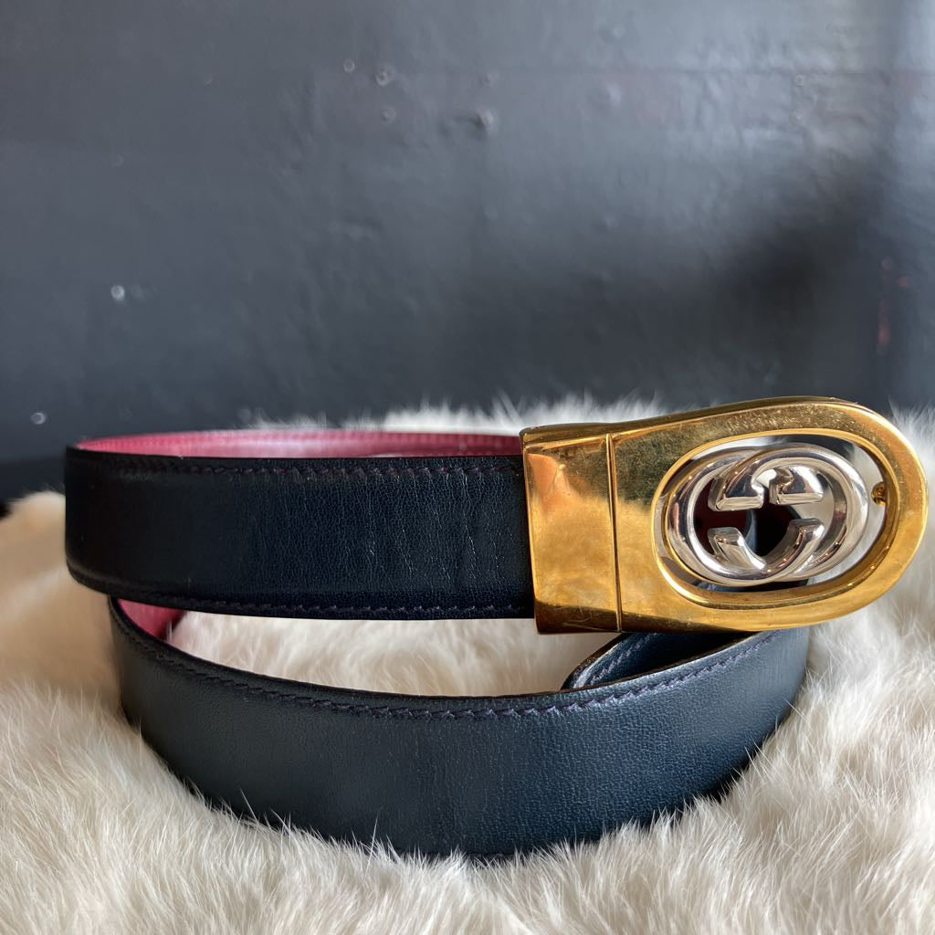 1980s Vintage Gucci Reversible Belt with Two Tone Interlocking G Buckle
