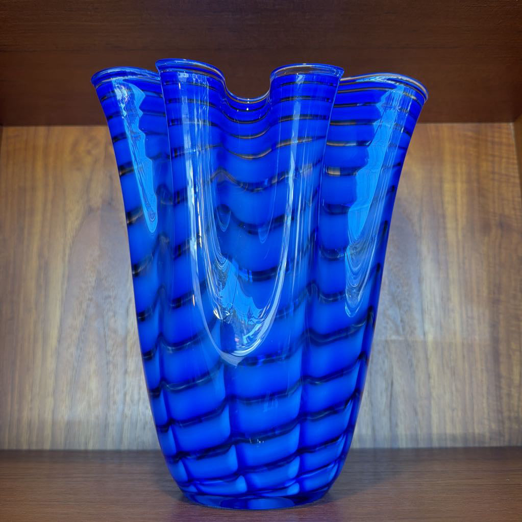 12" Cobalt Zig Zag Ruffled Vase Made in Poland- Vintage