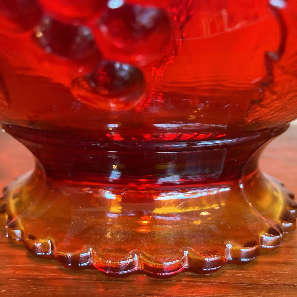 Vintage Amberina Glass Embossed Grapes & Leaves Footed Bowl