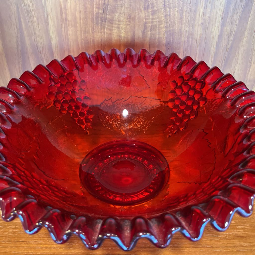 Vintage Amberina Glass Embossed Grapes & Leaves Footed Bowl
