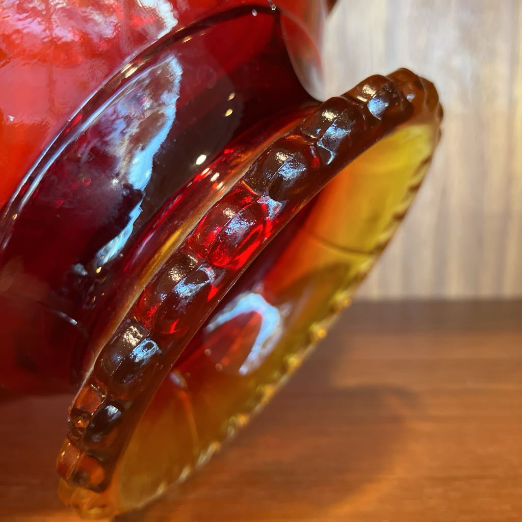 Vintage Amberina Glass Embossed Grapes & Leaves Footed Bowl