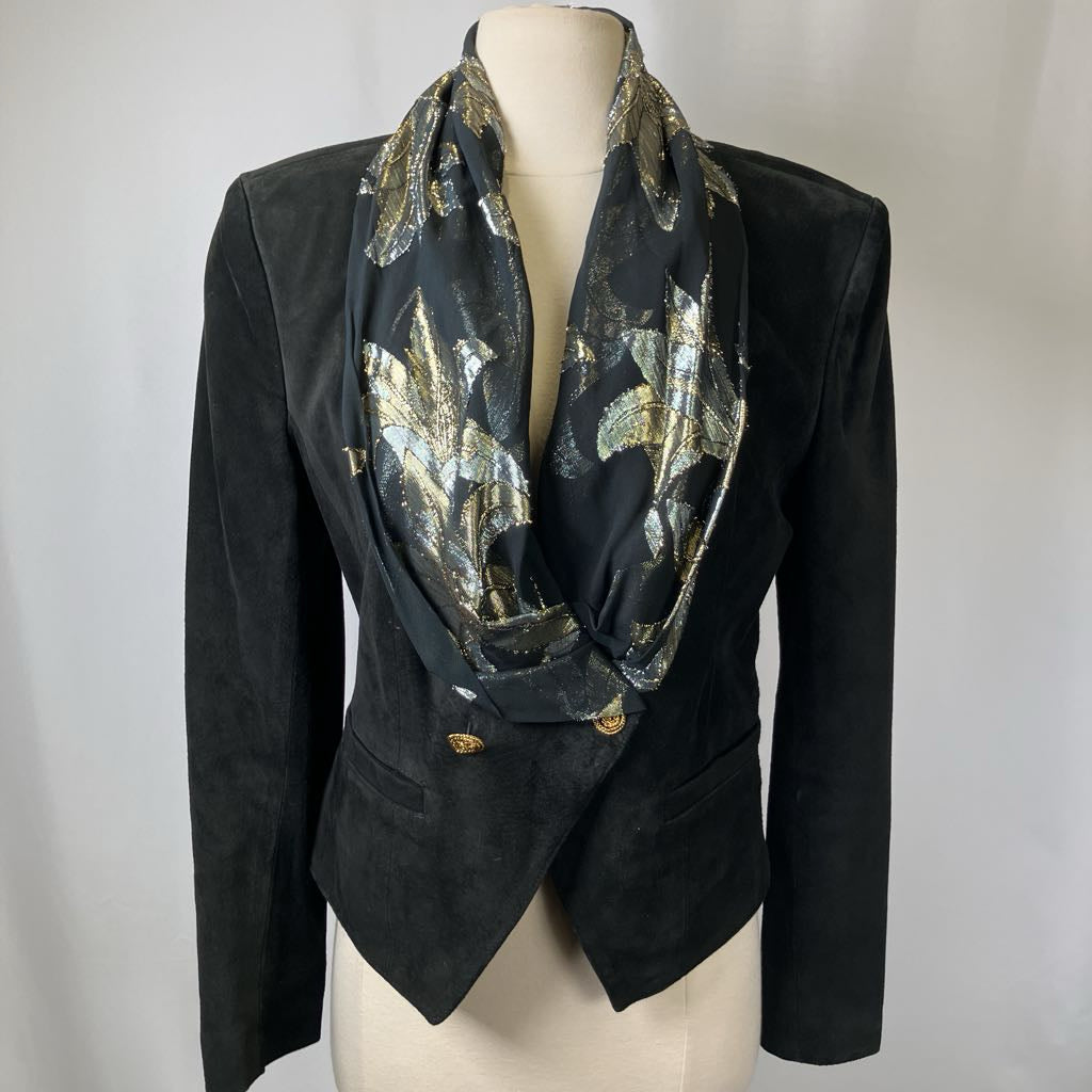 Vintage Black Suede Jacket with Scarf Accent 1980