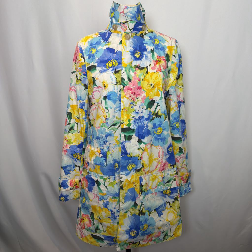 Colorful floral-patterned coat on a gray background