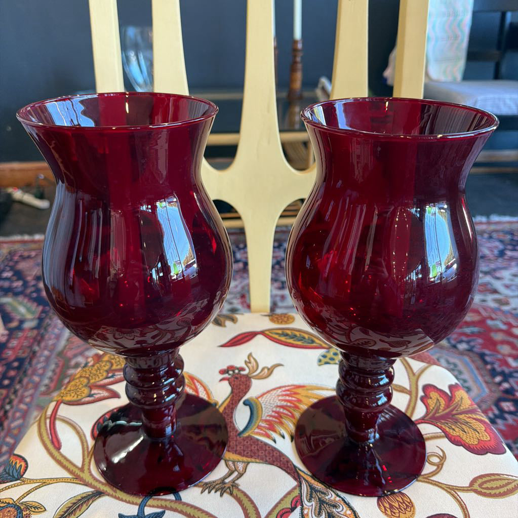1960s Ruby Red Empoli Style Large Footed Vasees or Hurricane Votive Candle Holders (Pair)