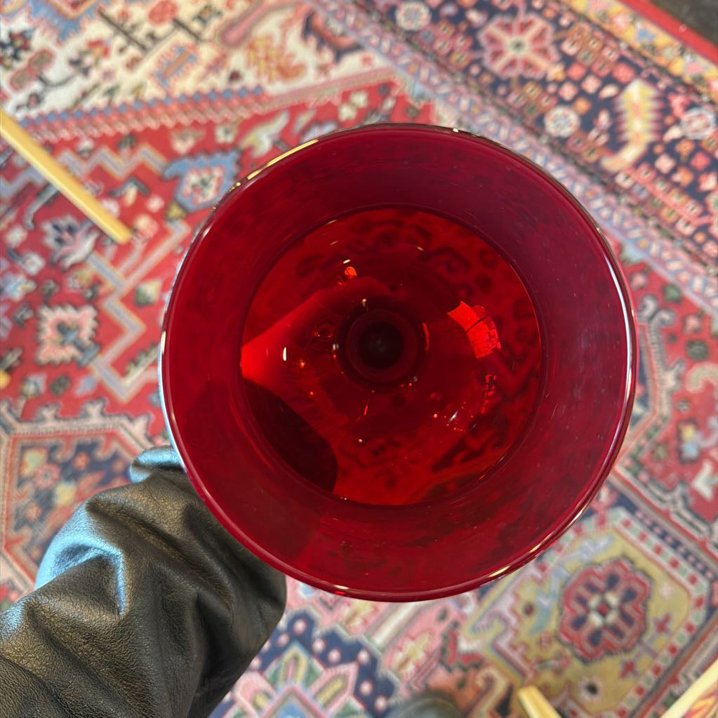 1960s Ruby Red Empoli Style Large Footed Vasees or Hurricane Votive Candle Holders (Pair)