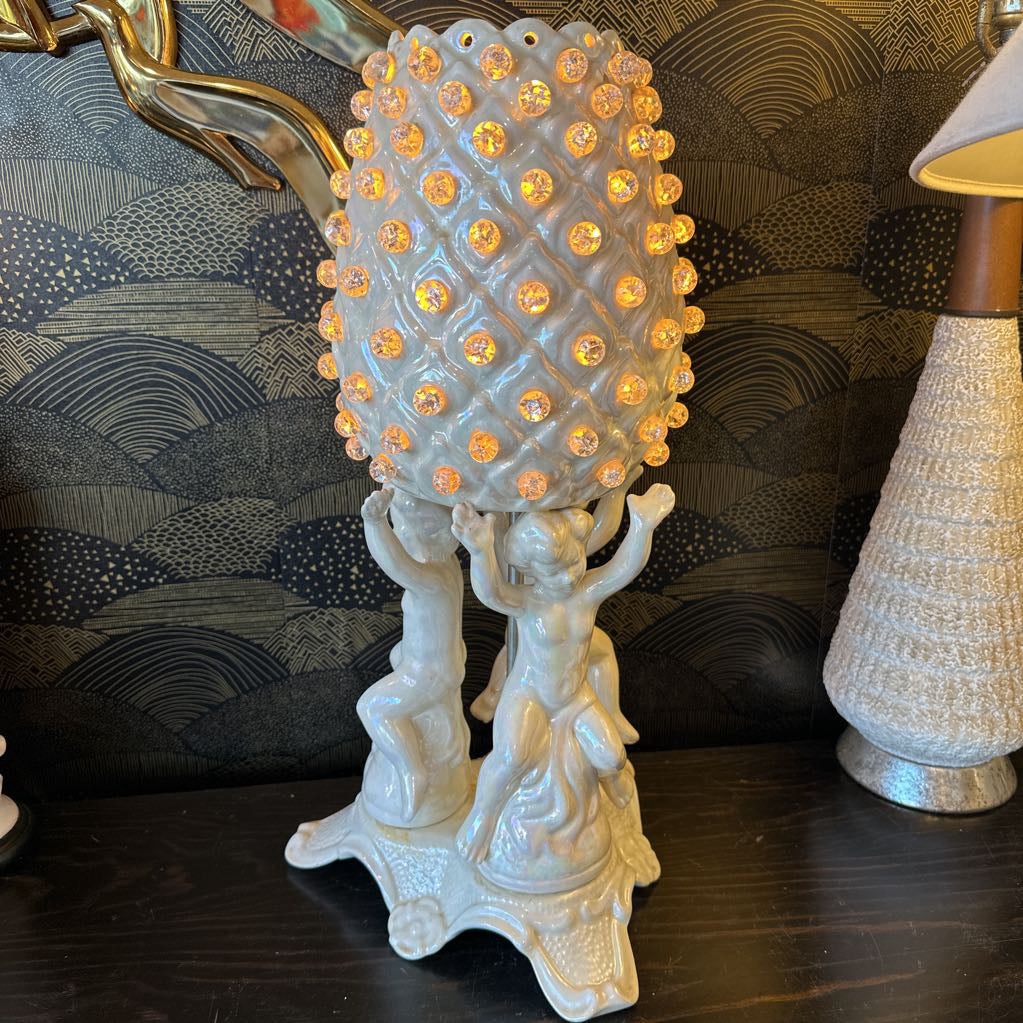 MCM Hollywood Regency Ceramic Cherub Pineapple Lamp