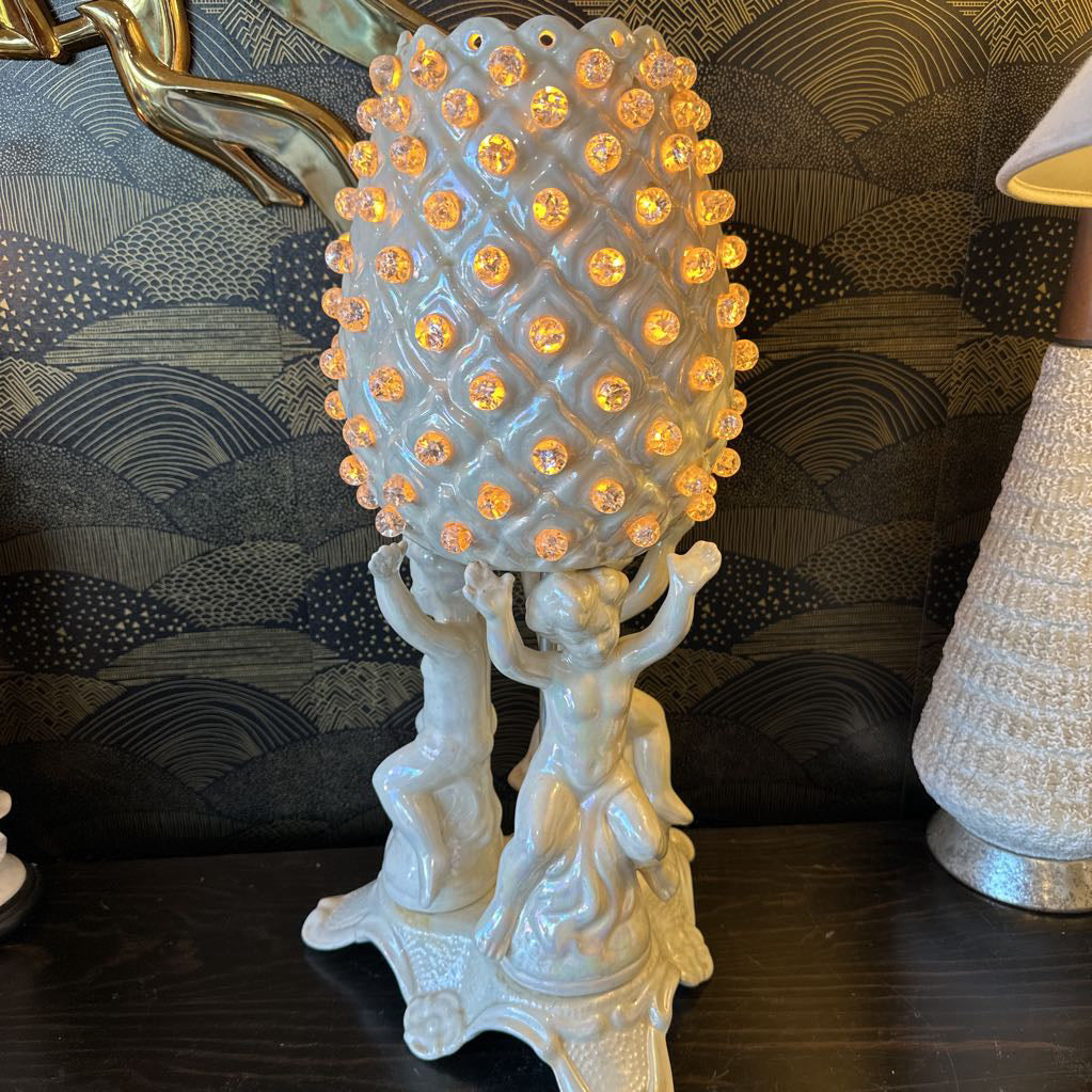 MCM Hollywood Regency Ceramic Cherub Pineapple Lamp