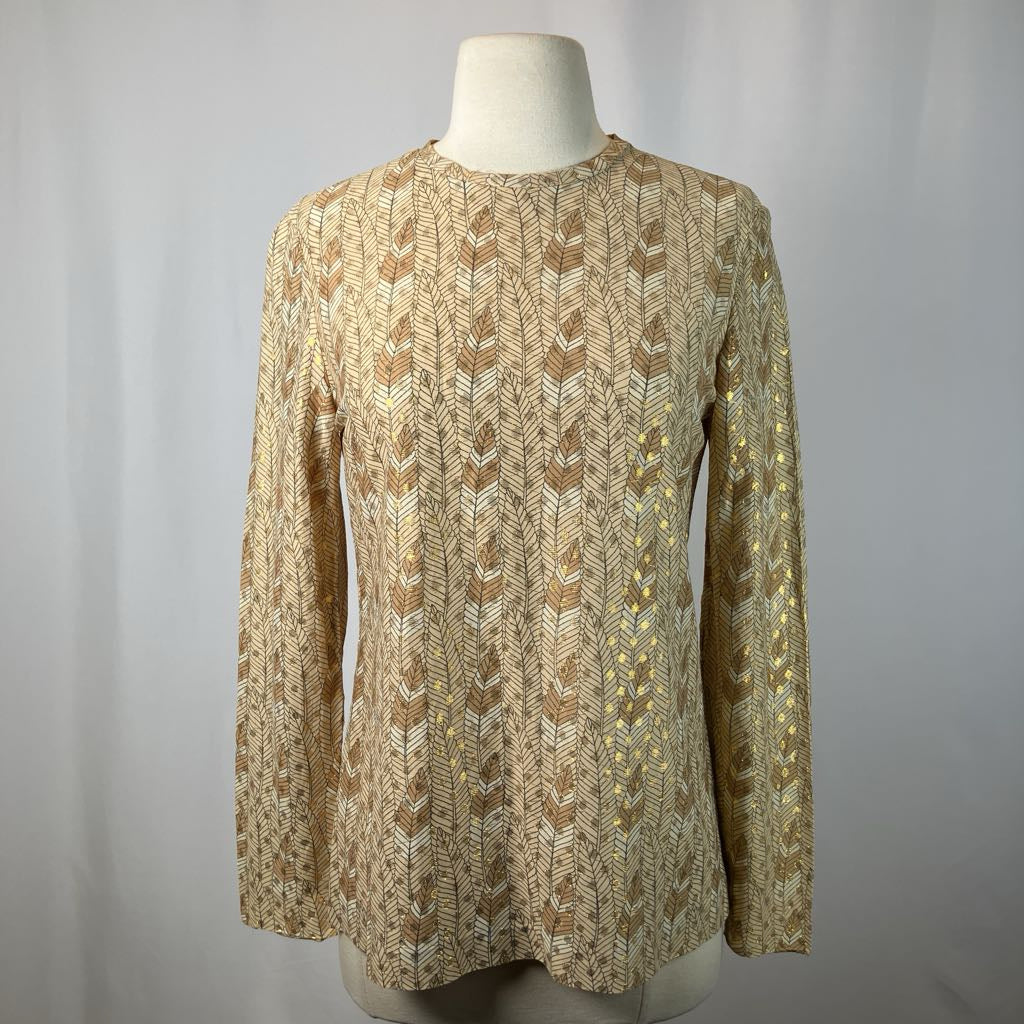 1980s Handmade Metallic Feather Print Top