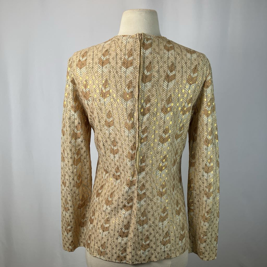 1980s Handmade Metallic Feather Print Top