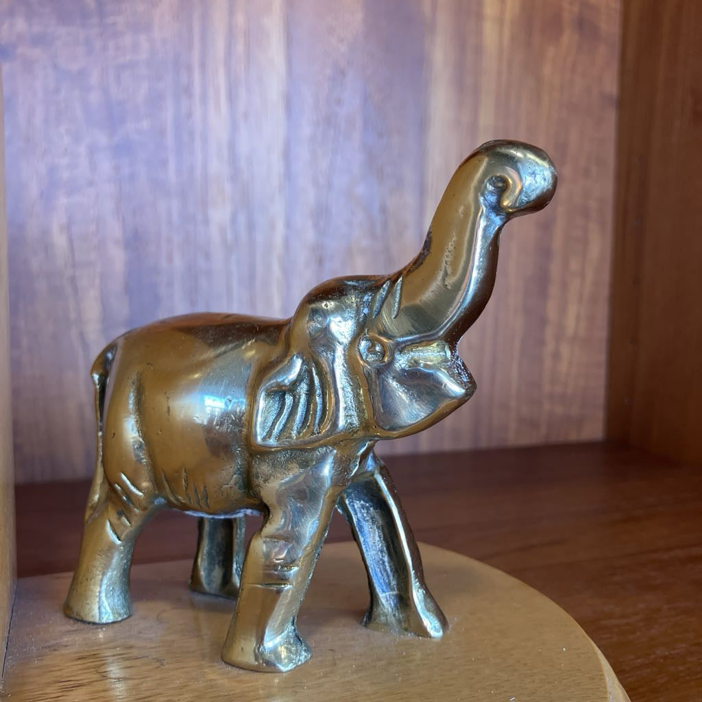 Vintage Wooden Bookends with Brass Elephants