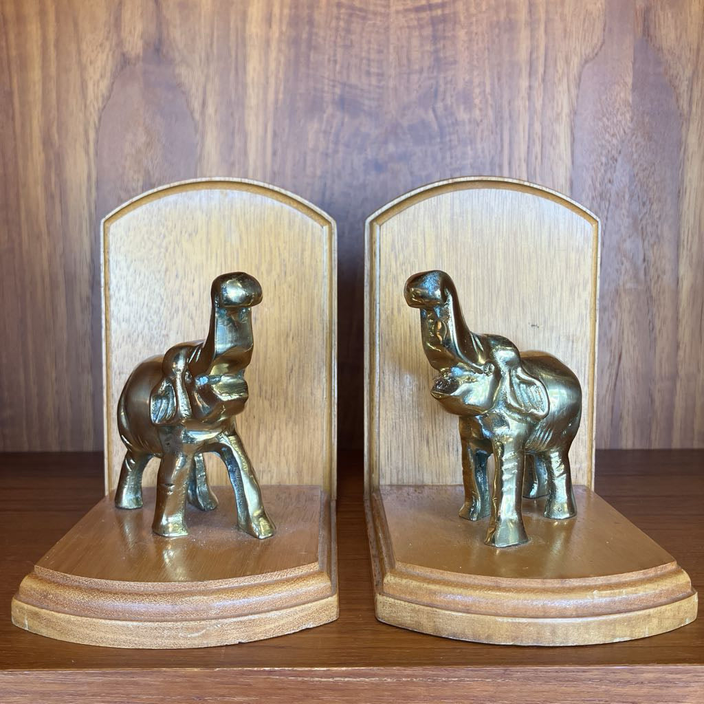 Vintage Wooden Bookends with Brass Elephants