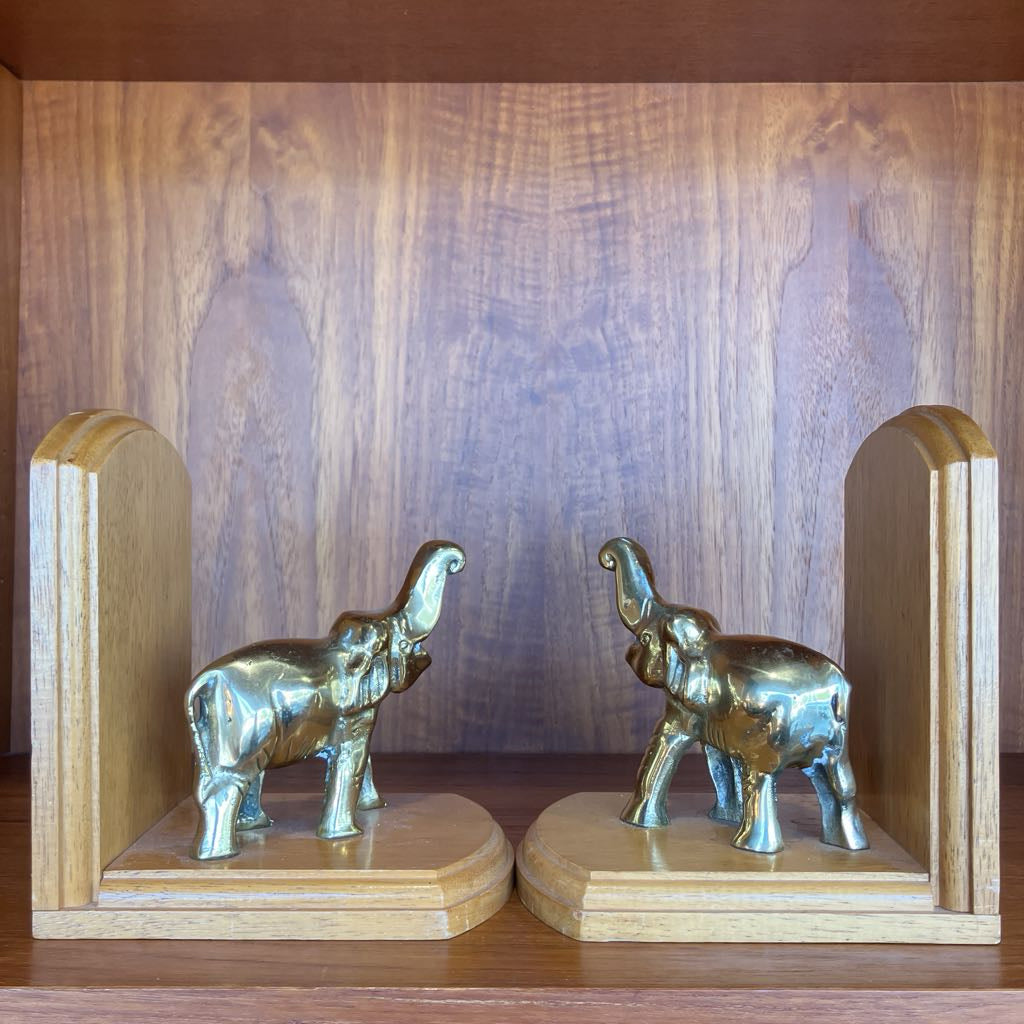Vintage Wooden Bookends with Brass Elephants