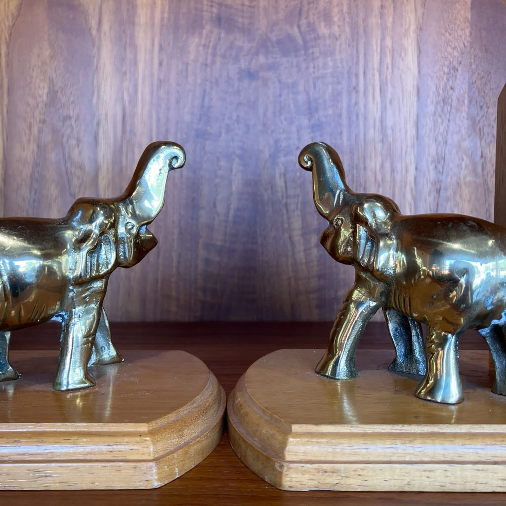 Vintage Wooden Bookends with Brass Elephants