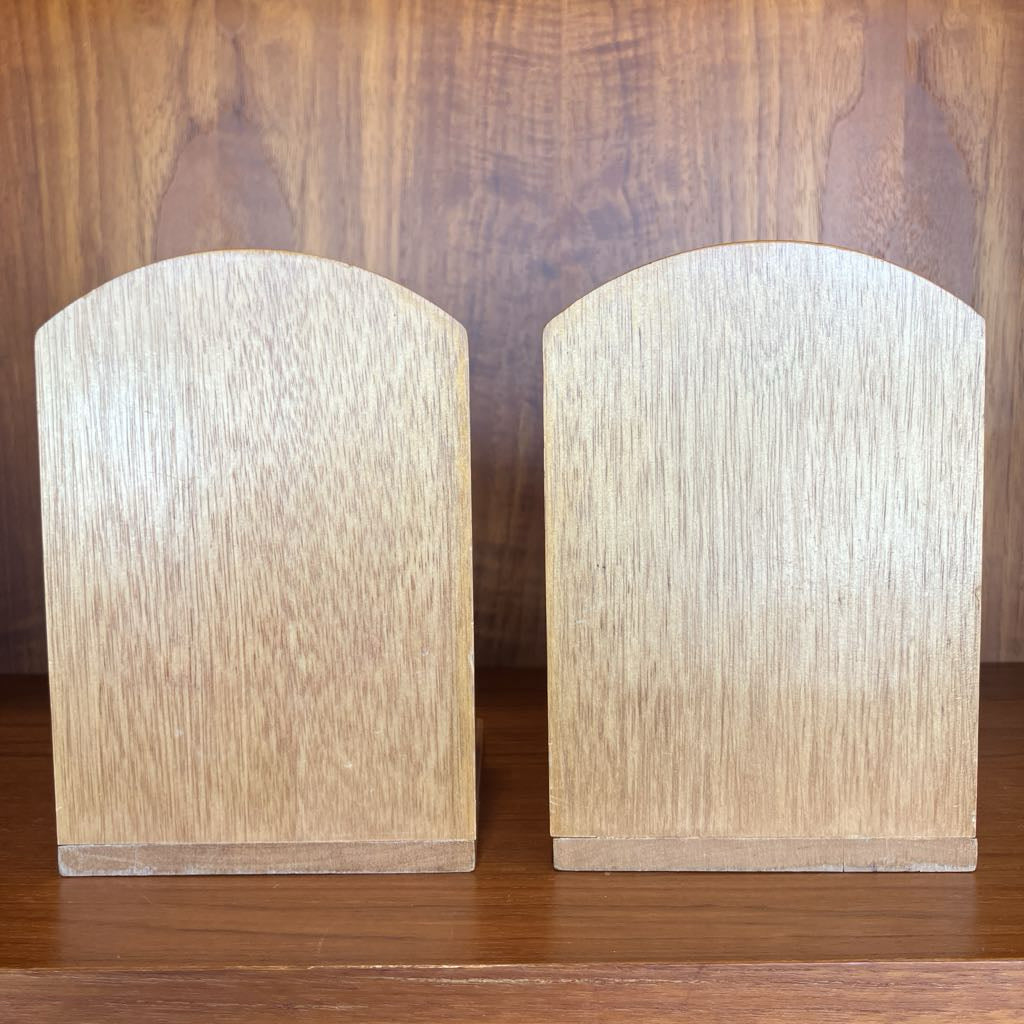 Vintage Wooden Bookends with Brass Elephants