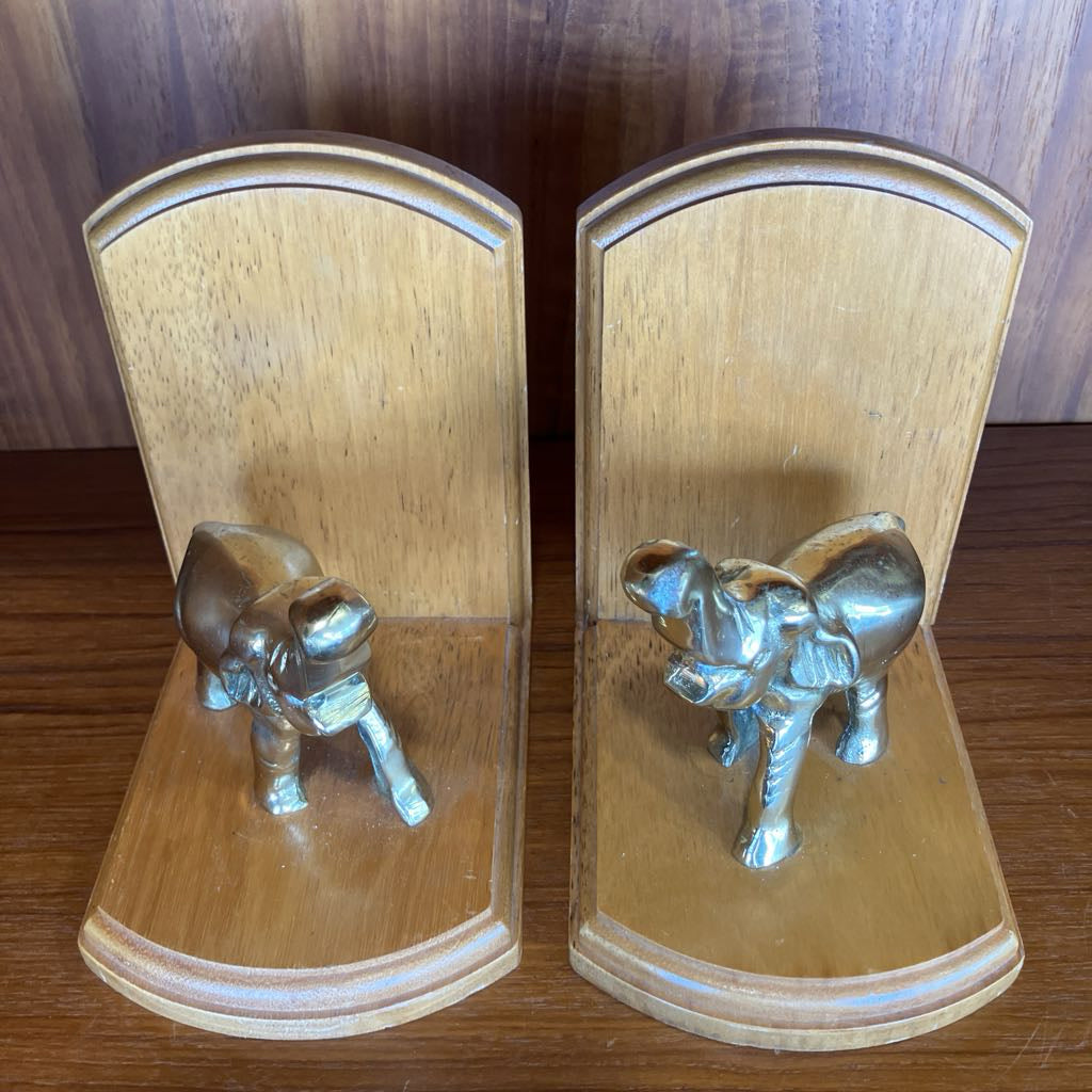 Vintage Wooden Bookends with Brass Elephants
